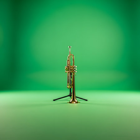 A solo brass trumpet rests on a stand against a vibrant, gradient green backdrop. The instrument gleams under soft lighting.の素材