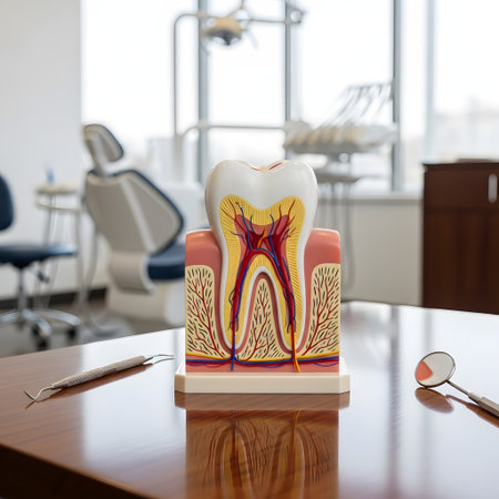 A cross-section model of a human tooth, showcasing its internal structure, sits on a wooden desk in a dental clinic.の素材