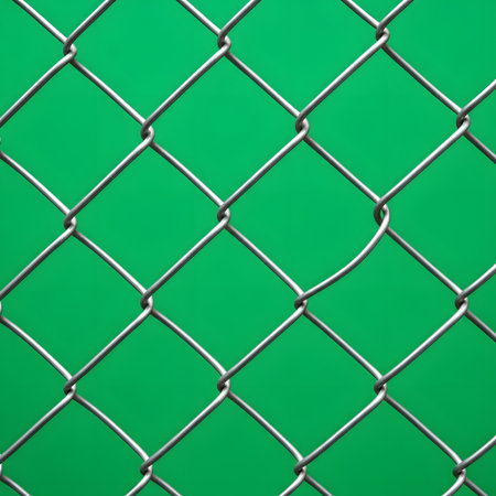 A detailed view of a metallic chain-link fence with diamond-shaped openings, set against a solid, bright green backdrop.の素材