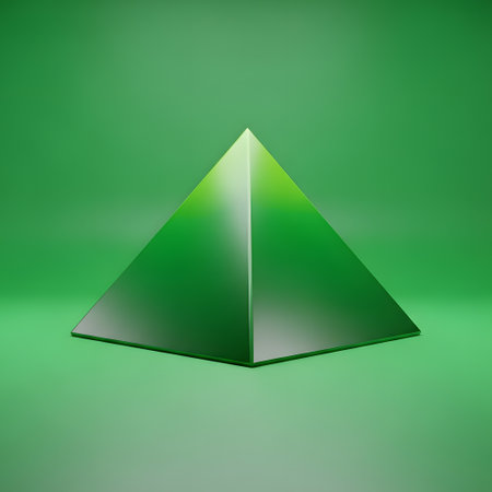 A geometric pyramid with a green gradient from dark to light sits centered on a plain green surface.の素材