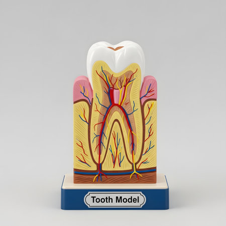A clear, colorful educational model displaying the internal structure of a human tooth, including enamel, dentin, pulp, and roots.の素材