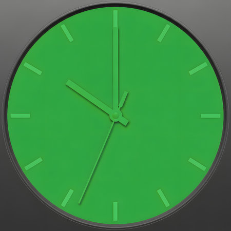 A simple, round clock face in a vibrant green hue with thin white hour markers and black hands.の素材