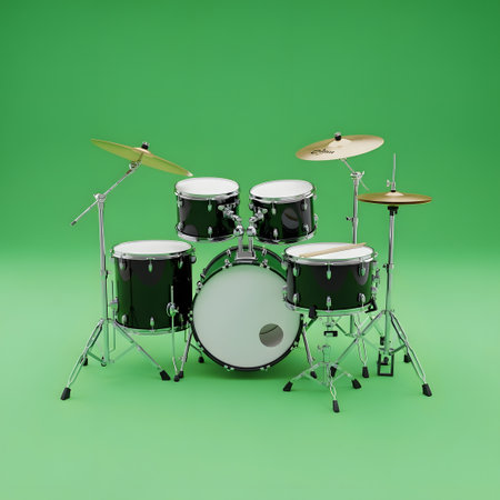 A black acoustic drum set with cymbals is displayed against a vibrant green backdrop, ready for music creation.の素材