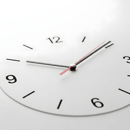 A minimalist white analog clock face with black numbers and hands, showing a distorted or warped surface, suggesting time's fluidity.の素材