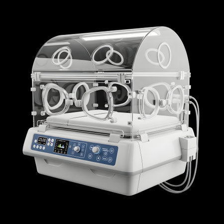 A high-tech neonatal incubator with a clear dome, digital display, and multiple ports for medical equipment, designed for premature babies.の素材
