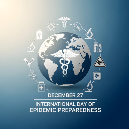 A globe with a caduceus symbol is surrounded by medical and scientific icons, commemorating epidemic preparedness.の素材