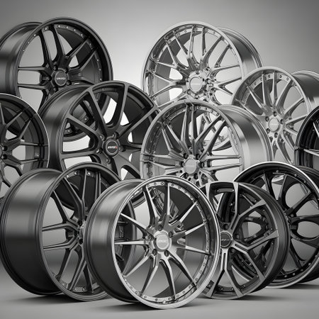 A variety of polished alloy car wheels and rims are displayed in a studio setting, showcasing intricate spoke designs and finishes.の素材