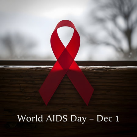 A close-up of a red ribbon, a symbol of AIDS awareness, placed on a windowsill with a blurred outdoor background.の素材