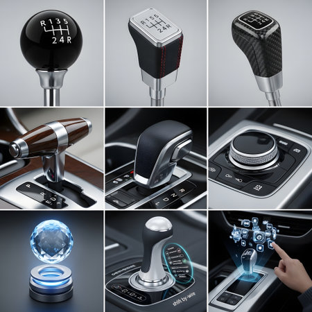 A grid of nine images showcasing different car gear shift knobs and automatic transmission selectors, highlighting design and technology.の素材