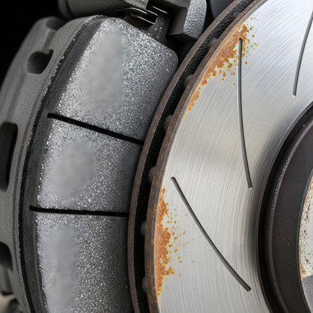 Detailed view of a car's braking system, showing worn brake pads and a rusted brake rotor with visible scoring.の素材