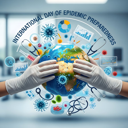 Gloves protect the Earth surrounded by medical symbols and data charts, representing global epidemic preparedness and health.の素材