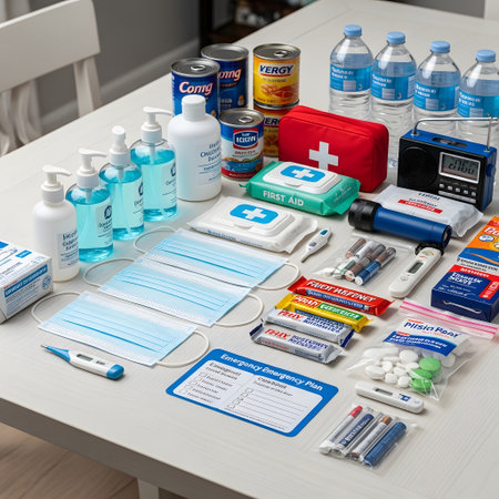 A collection of essential items for an emergency kit, including masks, sanitizers, medications, and canned goods, laid out on a table.の素材
