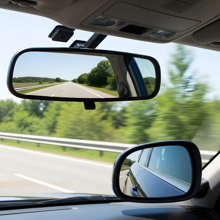 Looking forward and backward through the car's rearview and side mirrors, showing the road and trees.の素材