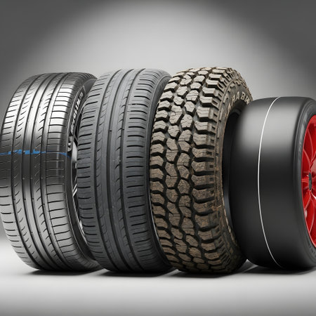 Four different types of car tires are lined up, showcasing their unique tread patterns and designs. One tire has a bright red rim.の素材