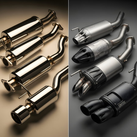 A split image showcasing polished chrome exhaust mufflers on the left and matte black exhaust systems on the right.の素材