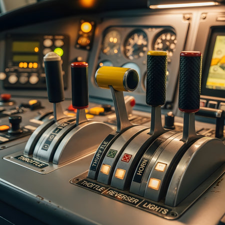 Detailed view of a ship's bridge control panel featuring multiple levers, buttons, and illuminated gauges.の素材