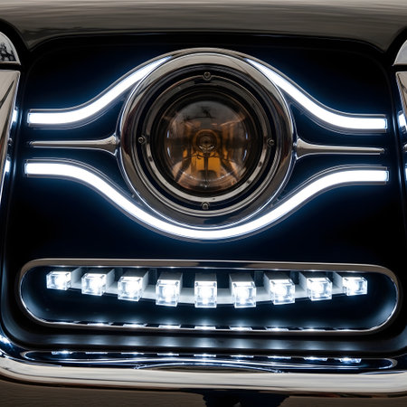 A detailed view of a classic car's front end, showcasing a chrome grille, circular headlight, and modern LED lighting.の素材