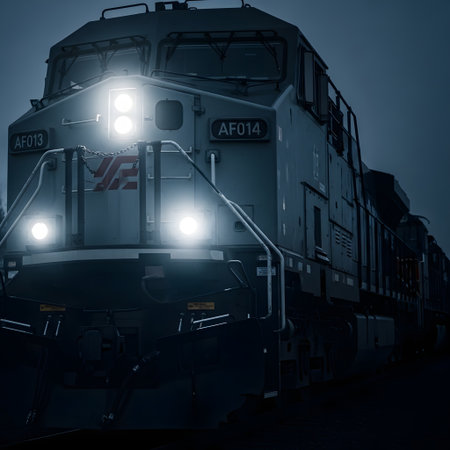 A close-up, low-angle shot of a powerful diesel locomotive at night, its bright headlights piercing the dark sky.の素材