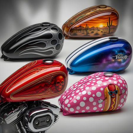 A vibrant display of five uniquely designed and painted motorcycle fuel tanks, showcasing diverse artistic styles and colors.の素材