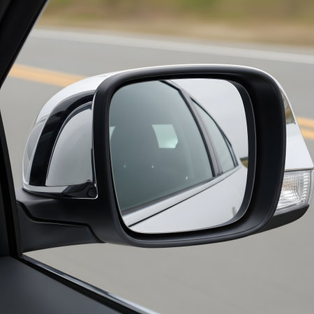 A close-up view of a car's side mirror showing a reflection of another vehicle driving on a paved road.の素材