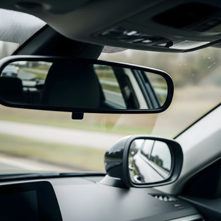 Interior view of a car showing the rearview mirror and side mirror reflecting the road and scenery as the vehicle moves.の素材