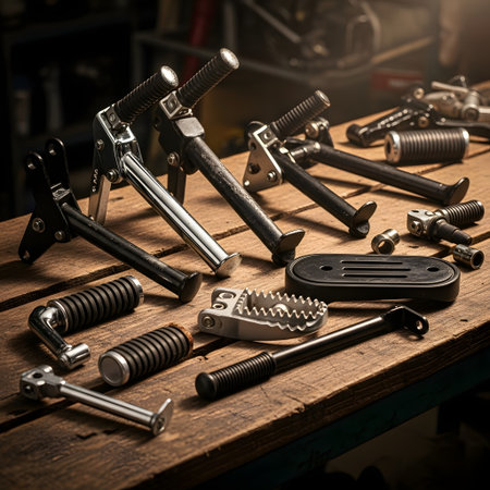 Various motorcycle kickstands and tools are arranged on a rustic wooden surface, showcasing mechanical parts and workshop items.の素材