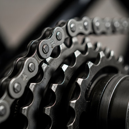 A detailed macro shot of a bicycle's metal chain and sprockets, showcasing their intricate mechanical design and texture.の素材