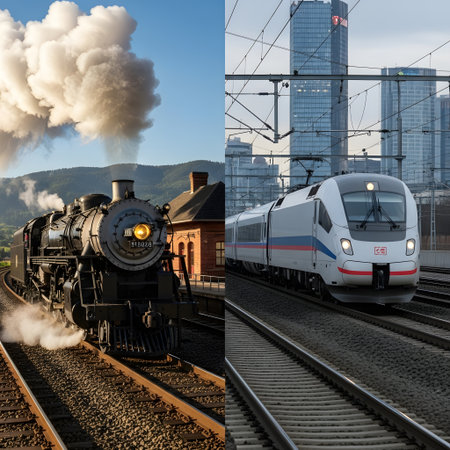 A split image showcasing the evolution of train travel, from a historic steam locomotive to a sleek, modern high-speed train.の素材
