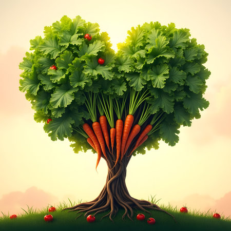 A vibrant heart-shaped tree with lush green leaves, bearing ripe apples and a bounty of fresh carrots growing from its trunk.の素材