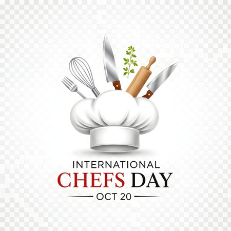 A white chef's hat overflowing with kitchen utensils and baking tools, celebrating International Chefs Day on October 20th.の素材