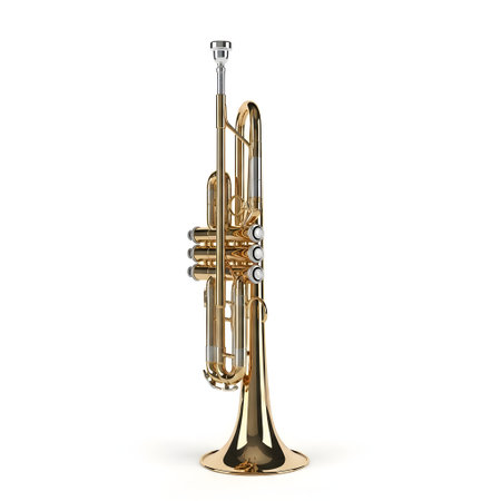 A gleaming brass trumpet stands vertically on a white surface, showcasing its intricate tubing and valves.の素材