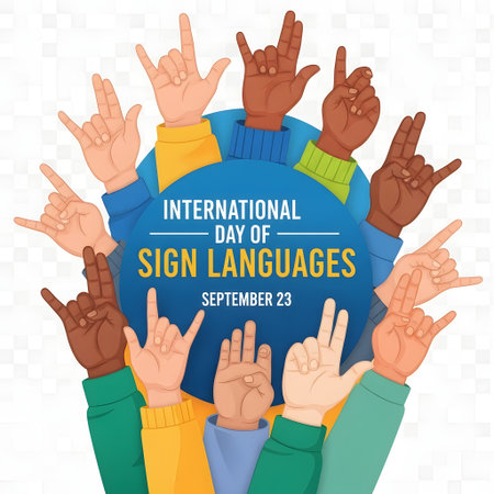A vibrant illustration of diverse hands forming sign language gestures around a blue circle promoting International Day of Sign Languages.の素材