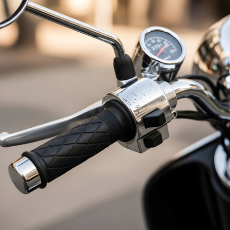 Detailed view of a classic scooter's handlebars, featuring a chrome mirror, grip, and functional speedometer, ready for a ride.の素材