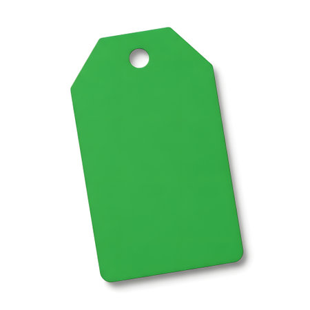 A single, blank, green paper tag with a punched hole at the top, isolated on a white background.の素材