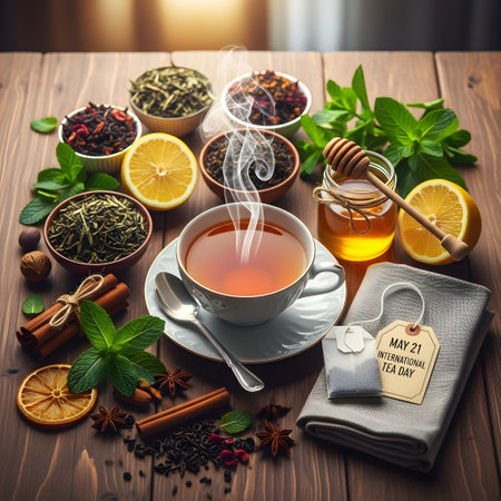 A steaming cup of herbal tea is surrounded by dried herbs, spices, fresh mint, lemons, and a jar of honey, creating a cozy and inviting scene.の素材
