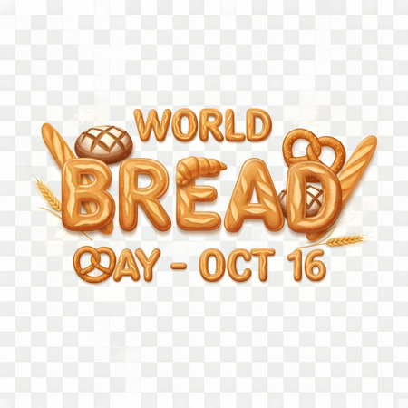A festive graphic for World Bread Day featuring the text "WORLD BREAD DAY OCT 16" surrounded by various bread types and wheat stalks.の素材