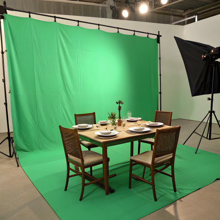 A dining table set for a meal is positioned in front of a large green screen backdrop within a professional studio setting.の素材