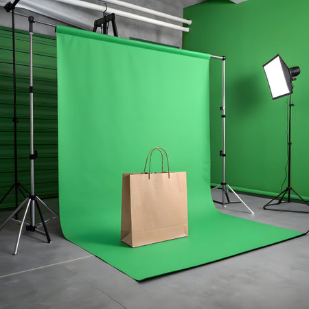 A brown paper bag sits on the floor in front of a large green screen backdrop with studio lighting equipment.の素材