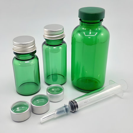 A collection of small green glass vials with caps, alongside a medical syringe, suggesting pharmaceutical or laboratory applications.の素材