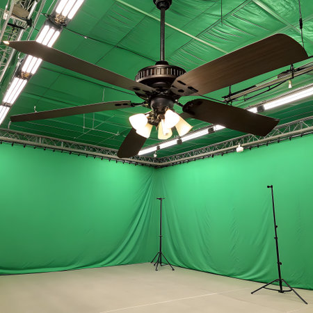 A spacious green screen studio with a large ceiling fan and professional lighting setup, ready for filming.の素材