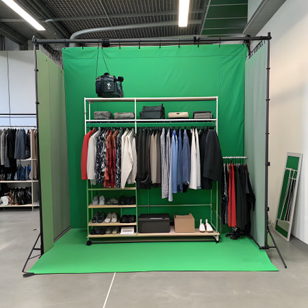 A studio setup features a clothing rack with various garments and a golf bag positioned before a vibrant green screen backdrop.の素材