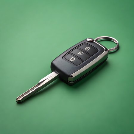 A close-up shot of a modern car key fob with a retractable metal key, resting on a plain green surface.の素材