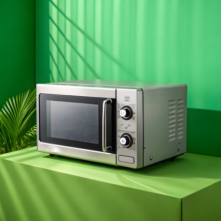 A sleek silver microwave oven sits on a bright green surface, with dappled shadows from tropical leaves cast across the background.の素材