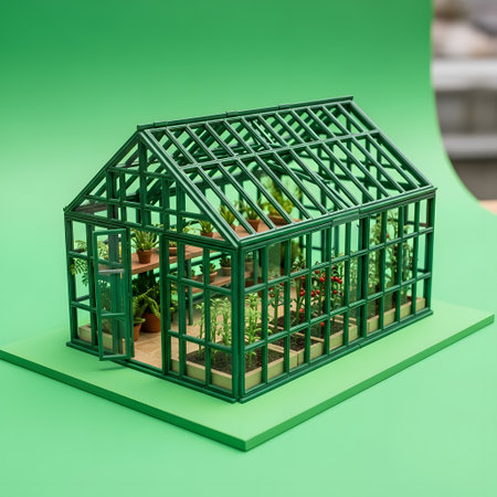 A detailed miniature model of a green greenhouse structure, showcasing tiny plants and a small interior, set against a vibrant green background.の素材
