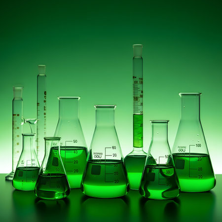 A collection of various laboratory flasks and cylinders containing a bright green liquid, illuminated by a green light from behind.の素材