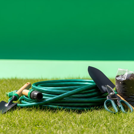 A coiled green garden hose rests on lush green grass alongside various gardening tools and a watering can.の素材