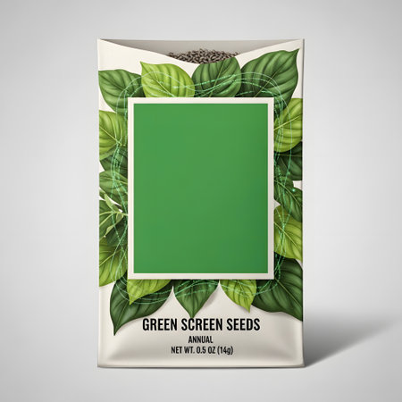 A product package for green screen sheets, featuring a border of green leaves and a central blank green square for branding.の素材