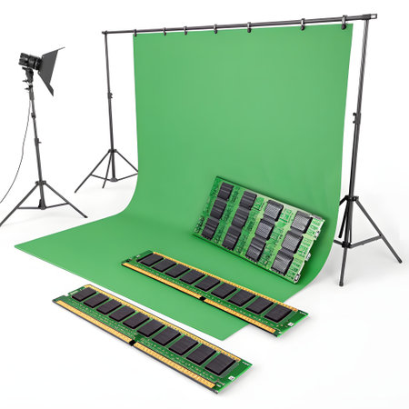 Computer memory modules are displayed on a green screen with studio lighting, ready for product shots or visual effects.の素材