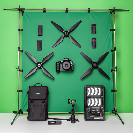 A collection of drone propellers, camera, bag, and filmmaking accessories are arranged against a green screen backdrop.の素材