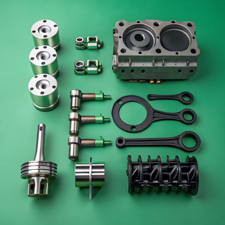 Various metal machine parts including cylinders, connecting rods, and engine blocks are arranged on a green surface.の素材